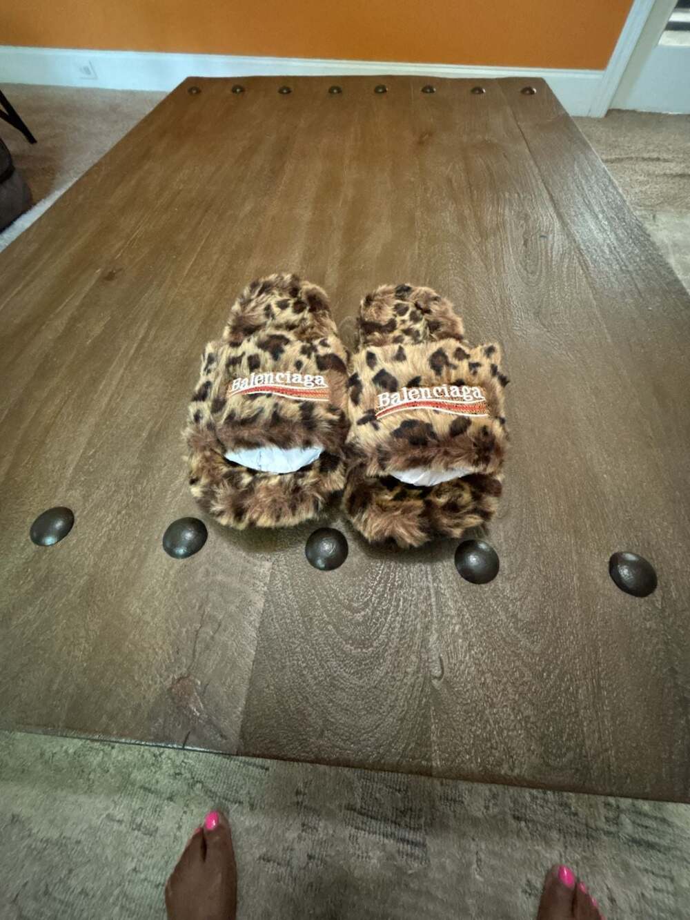 Balenciaga Faux Fur Leopard Print Slides Size 42